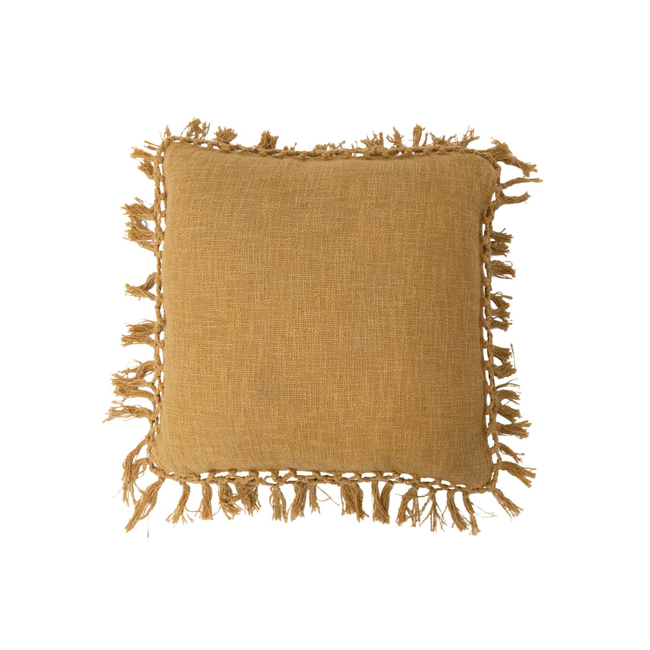 Hello Honey® Mustard Cotton Slub Pillow with Crochet Fringe